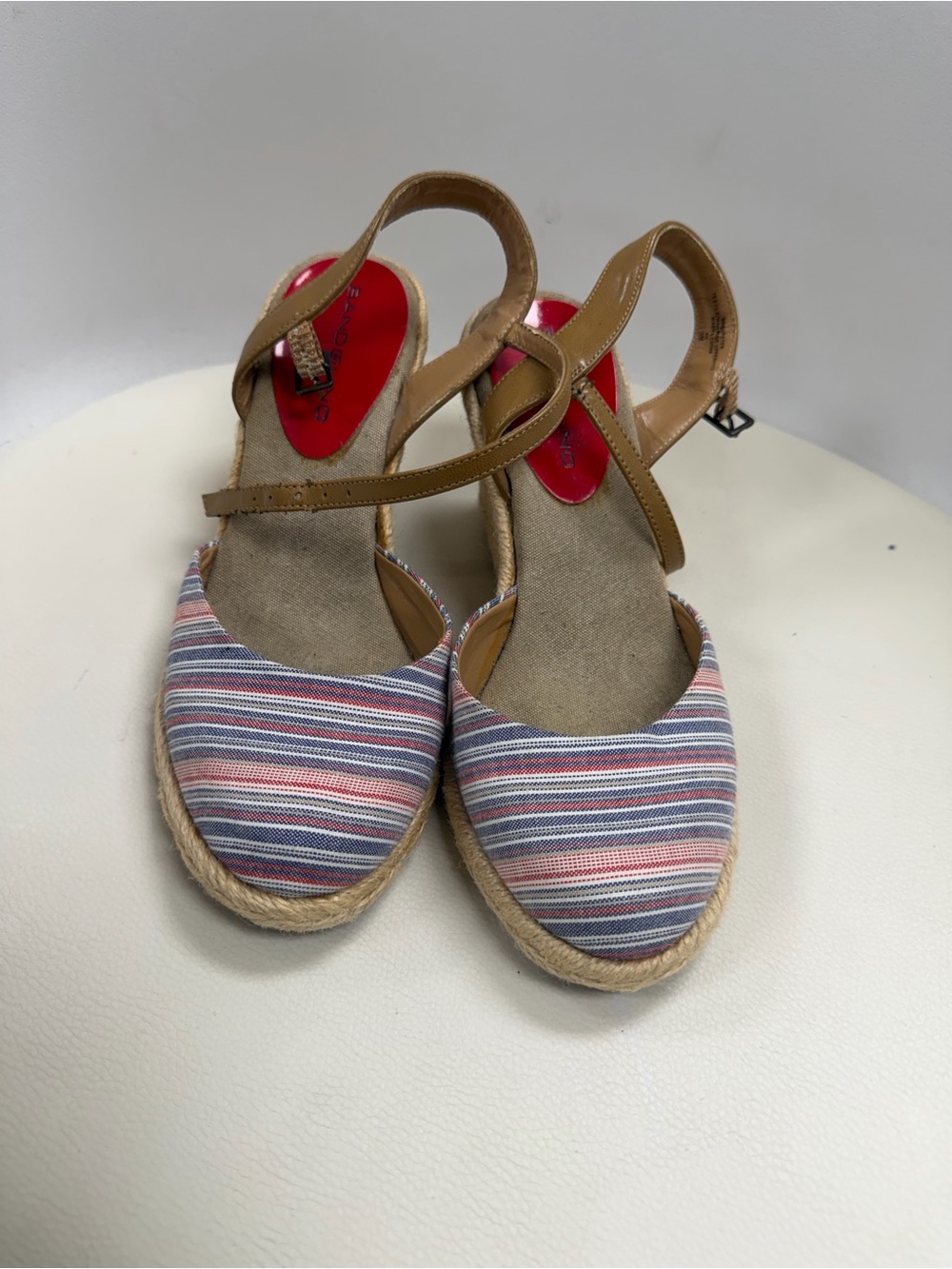 Classic Bandolino Striped Canvas Espadrille Wedges in Navy, White, Pink